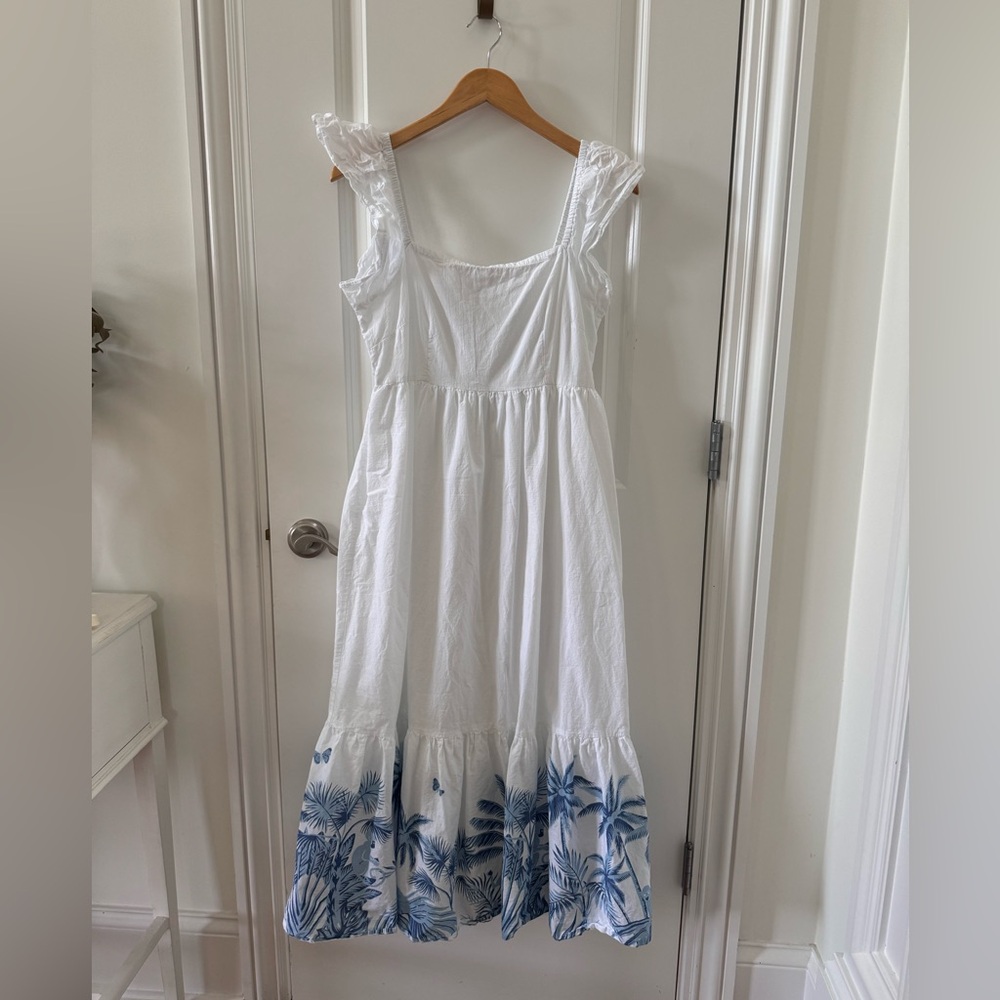 Olivia James White Dress with Blue Decorative Bottom Size Medium